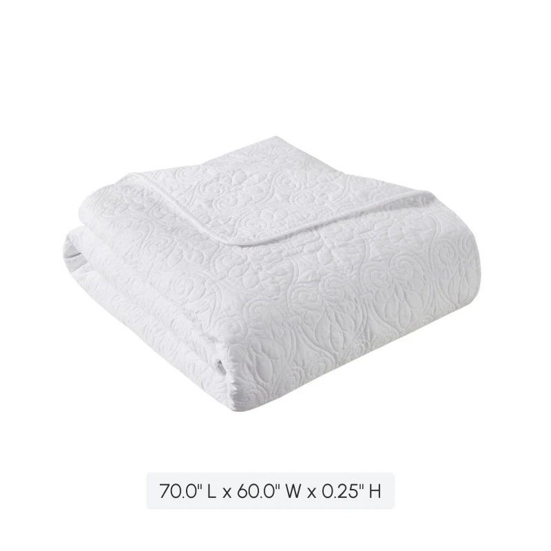 Oversized Quilted Throw Blanket with 100% Cotton Fill, Stitch Pattern, Machine Washable, Perfect for Any Décor, 70" L x 60" W x 0.25" H, White