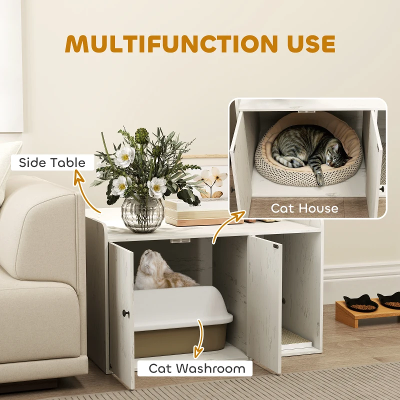 PawHut 32" Cat Litter Box Enclosure with Scratching Mat, Cat Entrance, Fit Most of Cat and Litter Box, Distressed White