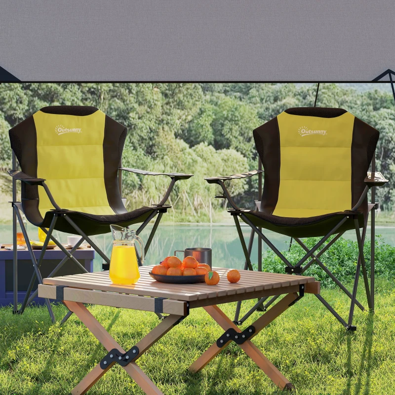 Outsunny 2 Pack Folding Camping Chairs, High Back Folding Chairs w/ Cup Holder, Padded Camping Chairs for Outdoor Events, Yellow