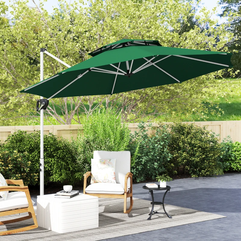 Outsunny 10 FT Cantilever Patio Umbrella with 360° Rotation & Adjustable Height, Cross Base, Crank and Tilt, Dark Green