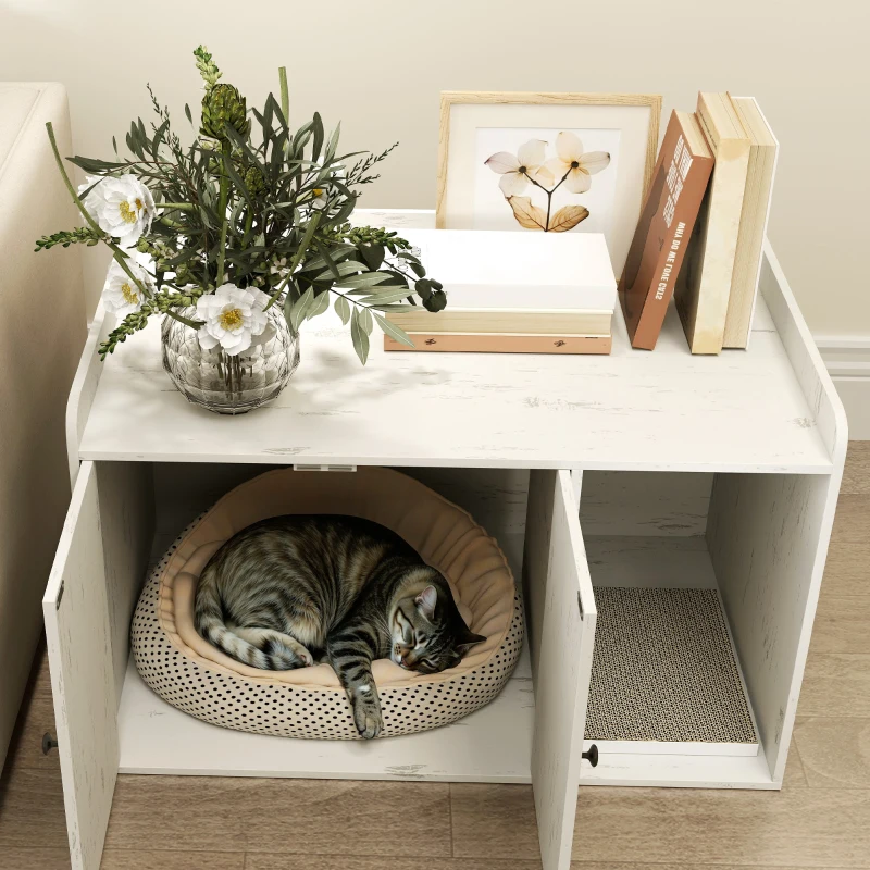 PawHut 32" Cat Litter Box Enclosure with Scratching Mat, Cat Entrance, Fit Most of Cat and Litter Box, Distressed White