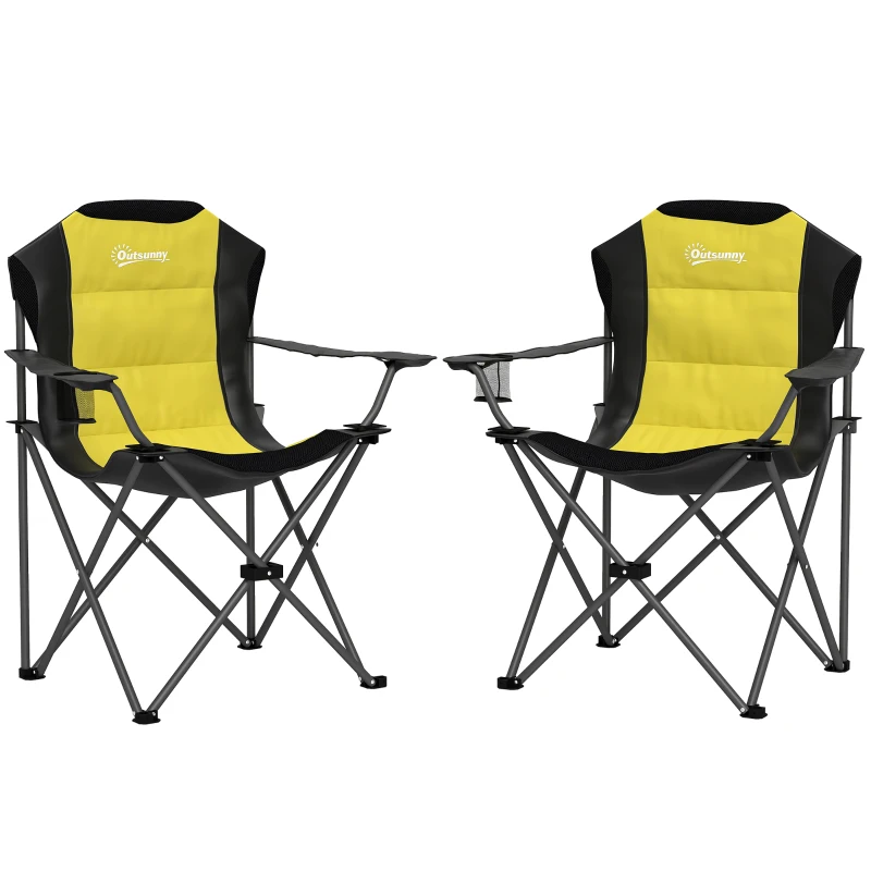 Outsunny 2 Pack Folding Camping Chairs, High Back Folding Chairs w/ Cup Holder, Padded Camping Chairs for Outdoor Events, Yellow