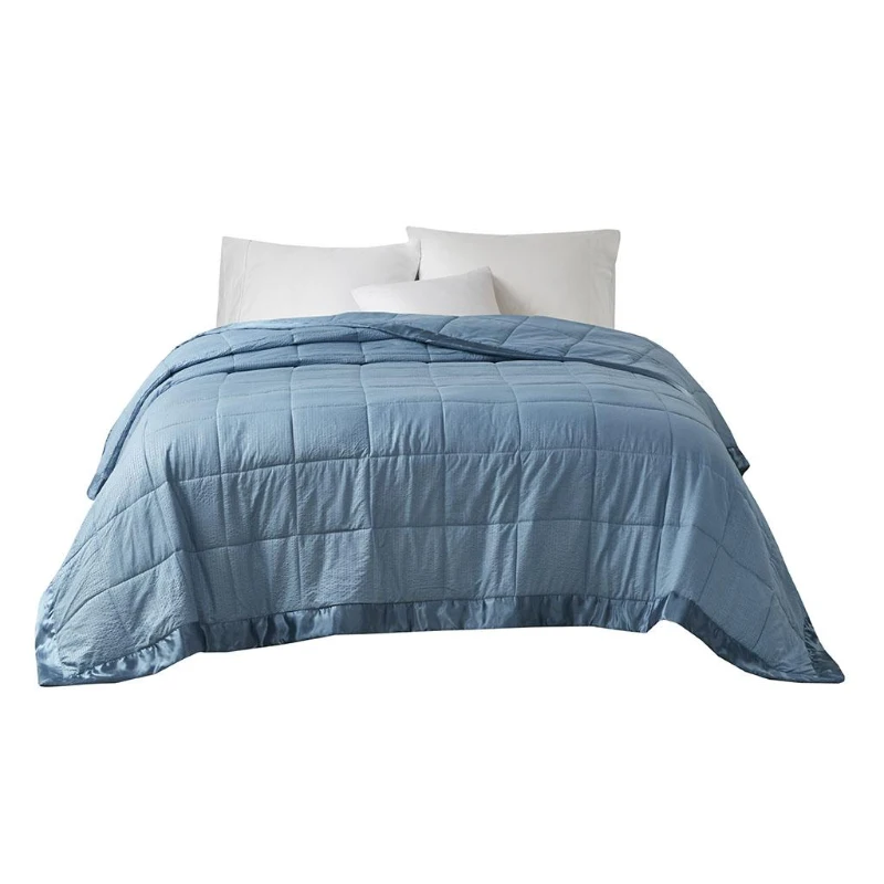 Machine Washable Down Alternative Blanket with Satin Trim, Hypoallergenic Fllling, OEKO-TEX Certified, 96" L x 90" W x 0.25" H, Blue