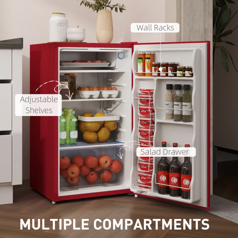 HOMCOM 3.2 Cu.Ft Mini Fridge with Freezer, Single Door Compact Refrigerator with Adjustable Thermostat, Reversible Door, Red