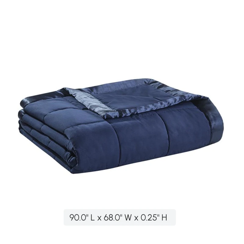 Twin Size Lightweight Down Alternative Blanket with Satin Trim, Hypoallergenic Polyester, Machine Washable, 90" L x 68" W x 0.25" H, Navy