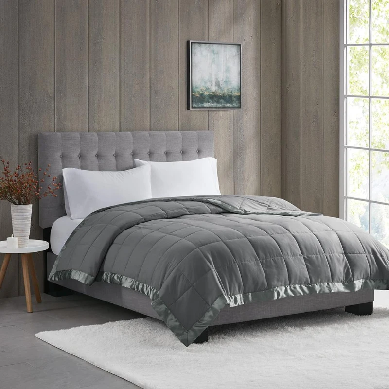 Twin Size Lightweight Down Alternative Blanket with Satin Trim, Hypoallergenic Polyester, Machine Washable, 90" L x 68" W x 0.25" H, Charcoal