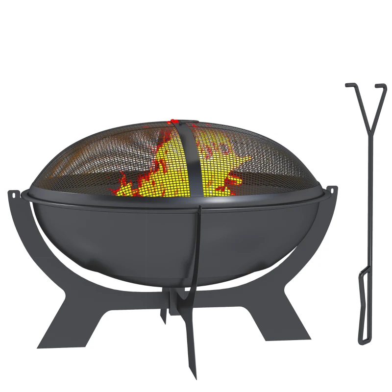 Outsunny Outdoor Round Fire Pit with Lid, Wood Burning Firepit for Outside with Fire Poker, Portable Fireplace for Bonfire, Black