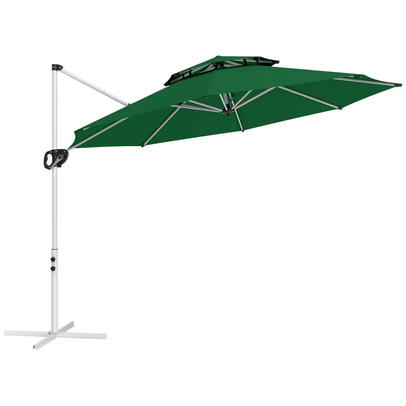 Outsunny 10 FT Cantilever Patio Umbrella with 360° Rotation & Adjustable Height, Cross Base, Crank and Tilt, Dark Green