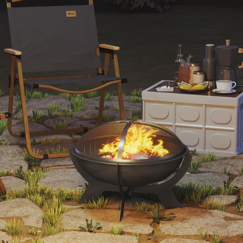 Outsunny Outdoor Round Fire Pit with Lid, Wood Burning Firepit for Outside with Fire Poker, Portable Fireplace for Bonfire, Black