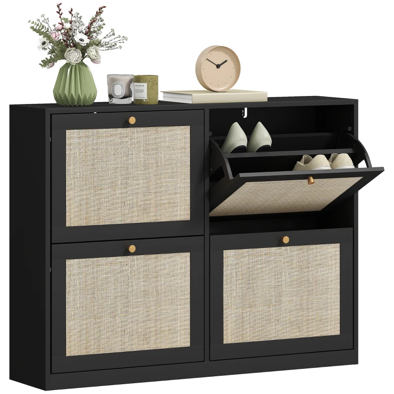 HOMCOM Narrow Shoe Storage Cabinet, Rattan Shoe Cabinet with 4 Flip Drawers and Adjustable Shelves for 20 Pairs, Black
