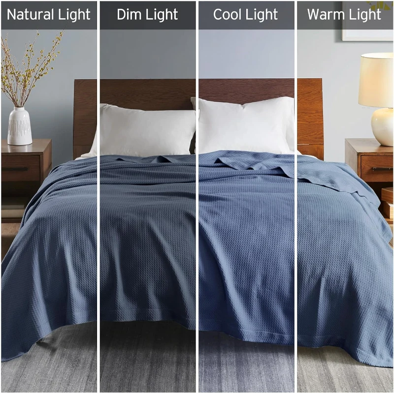 King Size Egyptian Cotton Bedding Blanket with Breathable Weave, OEKO-TEX Certified, Machine Washable Coverlet, 108" L x 90" W x 0.25" H, Blue