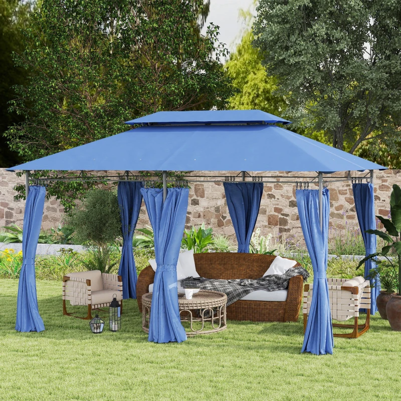 Outsunny 10' x 13' Double Roof Patio Gazebo, Outdoor Gazebo with Curtains, for Garden, Lawn, Backyard and Deck, Dark Blue