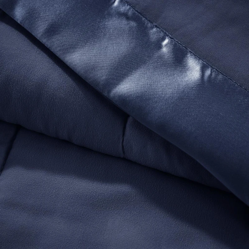 Twin Size Lightweight Down Alternative Blanket with Satin Trim, Hypoallergenic Polyester, Machine Washable, 90" L x 68" W x 0.25" H, Navy