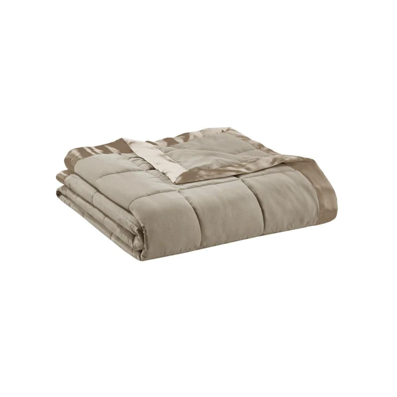 Twin Size Lightweight Down Alternative Blanket with Satin Trim Design, Moisture-Wicking, Machine Washable, 90" L x 68" W x 0.25" H, Brown
