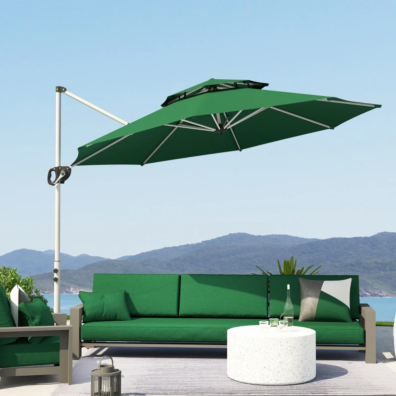 Outsunny 10 FT Cantilever Patio Umbrella with 360° Rotation & Adjustable Height, Cross Base, Crank and Tilt, Dark Green