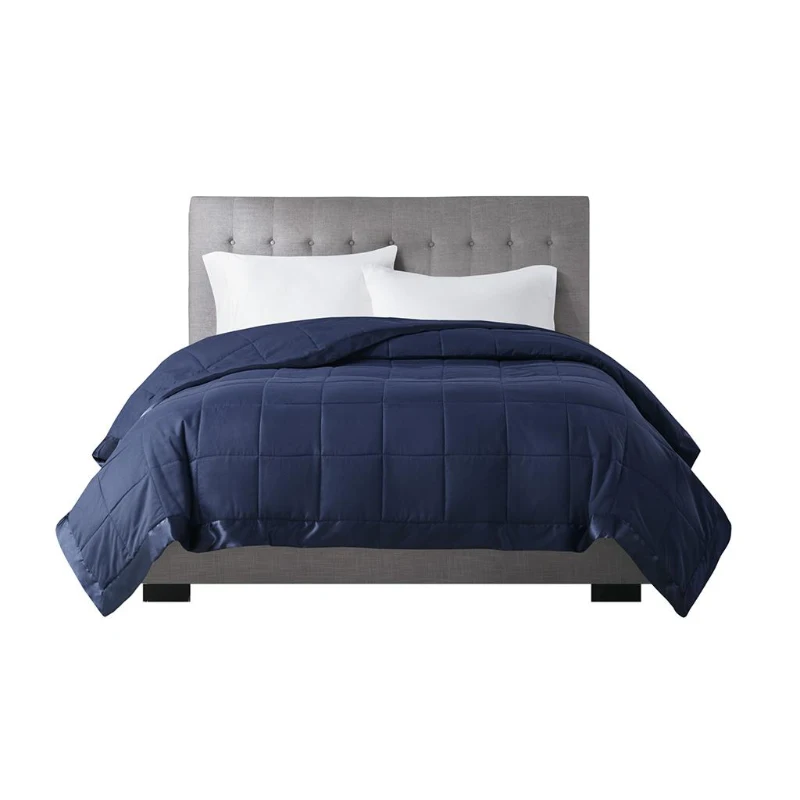 Twin Size Lightweight Down Alternative Blanket with Satin Trim, Hypoallergenic Polyester, Machine Washable, 90" L x 68" W x 0.25" H, Navy