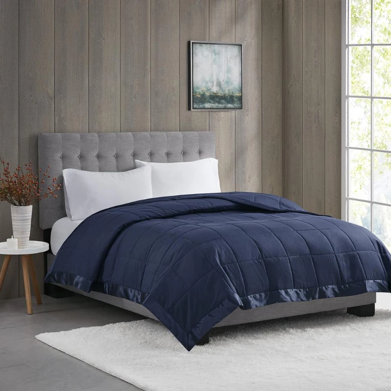 Twin Size Lightweight Down Alternative Blanket with Satin Trim, Hypoallergenic Polyester, Machine Washable, 90" L x 68" W x 0.25" H, Navy