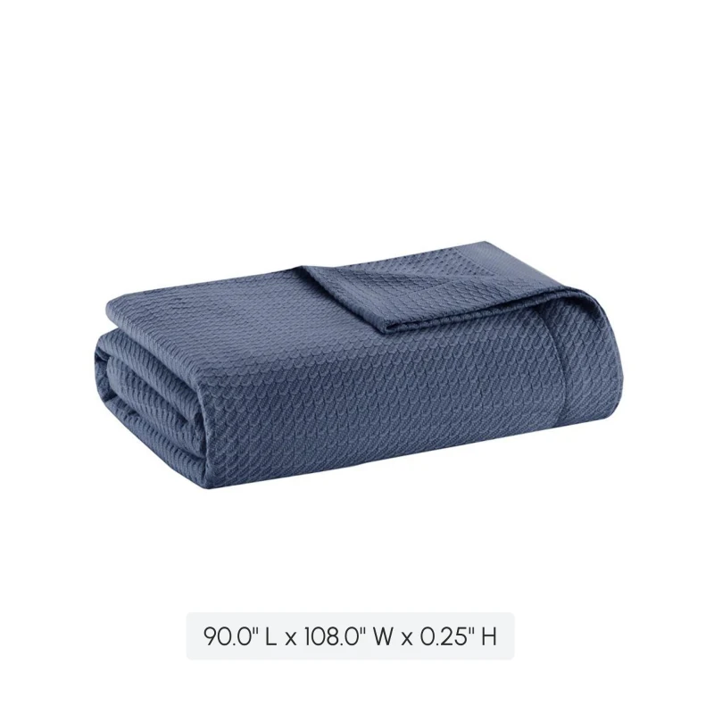 King Size Egyptian Cotton Bedding Blanket with Breathable Weave, OEKO-TEX Certified, Machine Washable Coverlet, 108" L x 90" W x 0.25" H, Blue