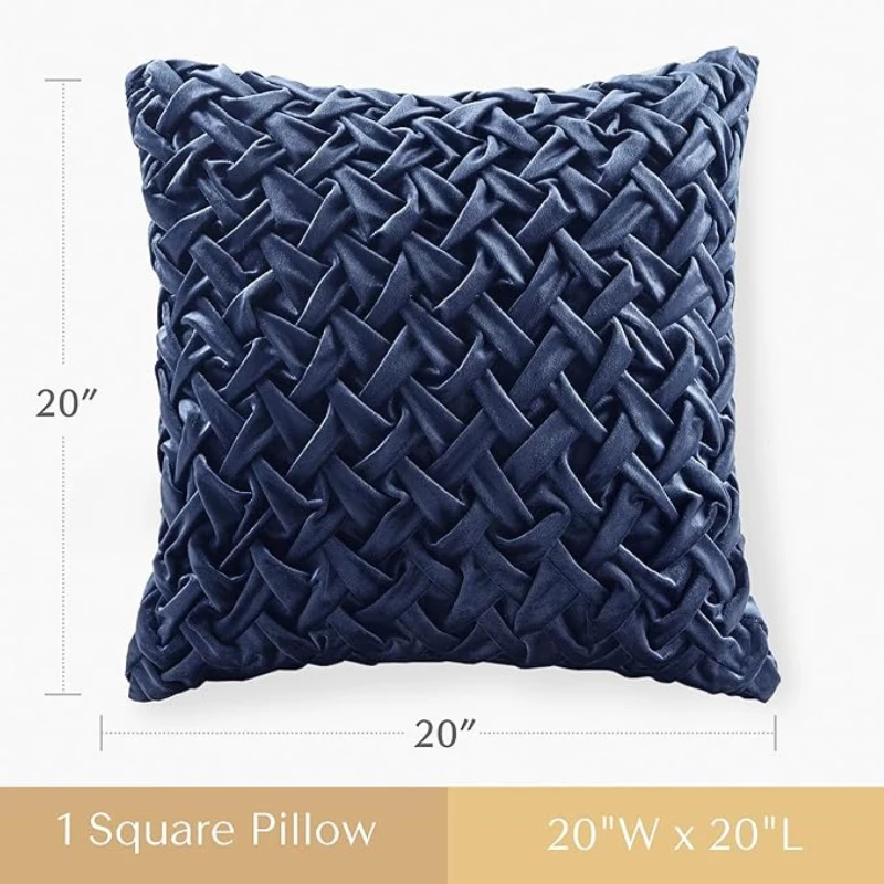 Velvet Ruched Square Decor Pillow with Removable Goose Feather Insert, Luxury Metal Zipper, Ideal for Sofa, Bed, 20" L x 20" W x 5" H, Navy