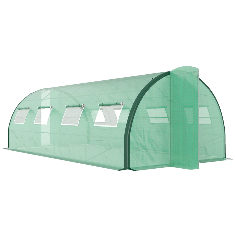Outsunny Tunnel Greenhouse Walk-in Plant Warm House with 2 Hinged Doors, 8 Mesh Windows, 20' x 10' x 6.6', Green