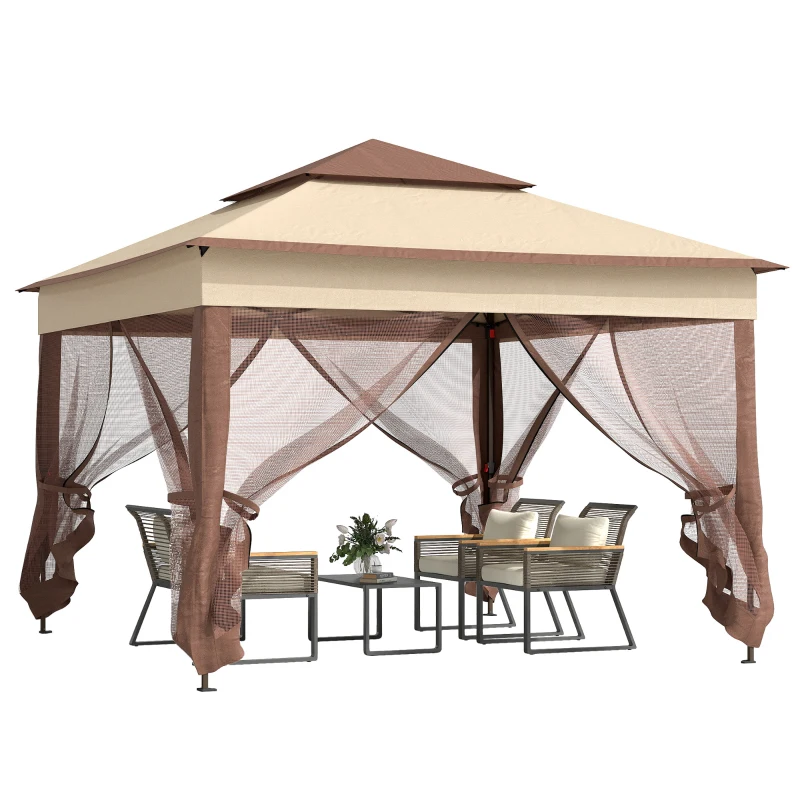 Outsunny Outdoor Patio Pop Up Canopy Gazebo Shelter with Zipper Netting, Carry Bag, 11' x 11', Khaki