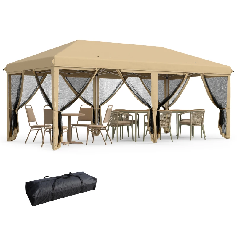 Outsunny 10 x 20ft Pop Up Canopy Tent with 6 Removable Mesh Sidewalls and Carry Bag, Beige