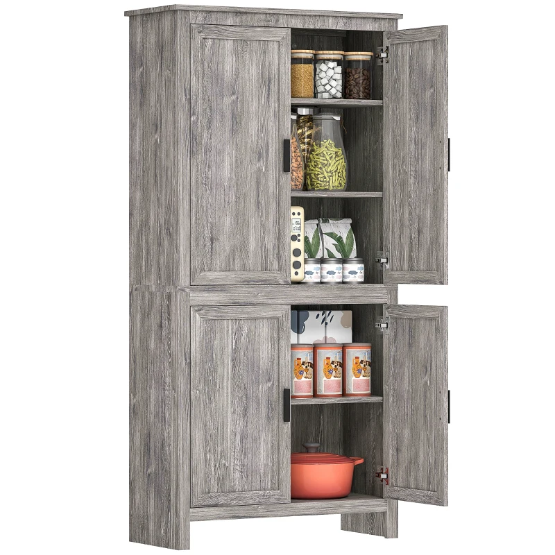 HOMCOM 64" 4-Door Kitchen Pantry, Freestanding Storage Cabinet with 3 Adjustable Shelves for Kitchen, Gray Oak