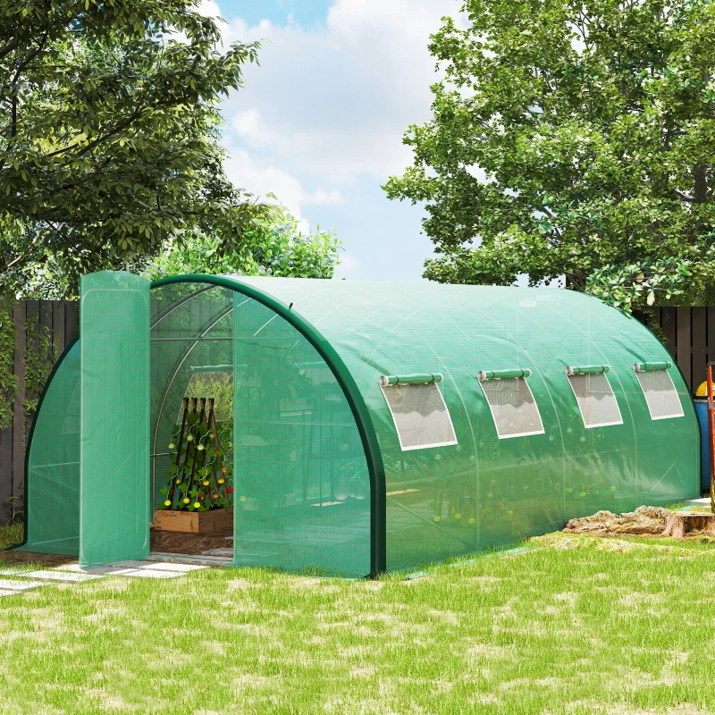 Outsunny Tunnel Greenhouse Walk-in Plant Warm House with 2 Hinged Doors, 8 Mesh Windows, 20' x 10' x 6.6', Green