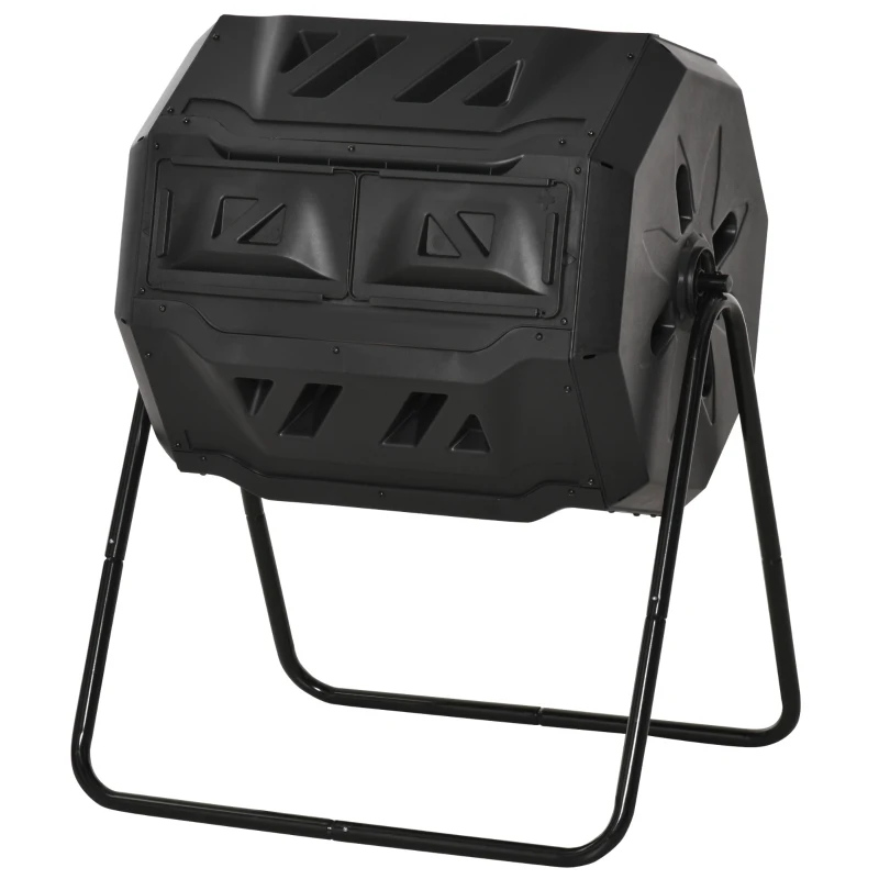 Outsunny 43 Gallon (160L) Tumbling Compost Bin Outdoor Dual Chamber 360° Rotating Composter with Sliding Doors, Solid Steel Frame and Gloves, Black