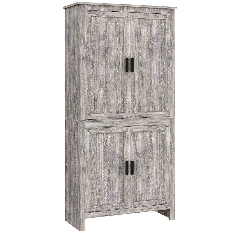 HOMCOM 64" 4-Door Kitchen Pantry, Freestanding Storage Cabinet with 3 Adjustable Shelves for Kitchen, Gray Oak