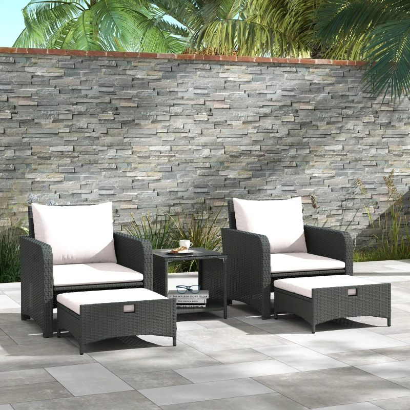 Outsunny 5 Piece Rattan Balcony Furniture Set, Wicker Outdoor Furniture Set with 2-Tier Coffee Table, Ottomans, Grey, Cream White