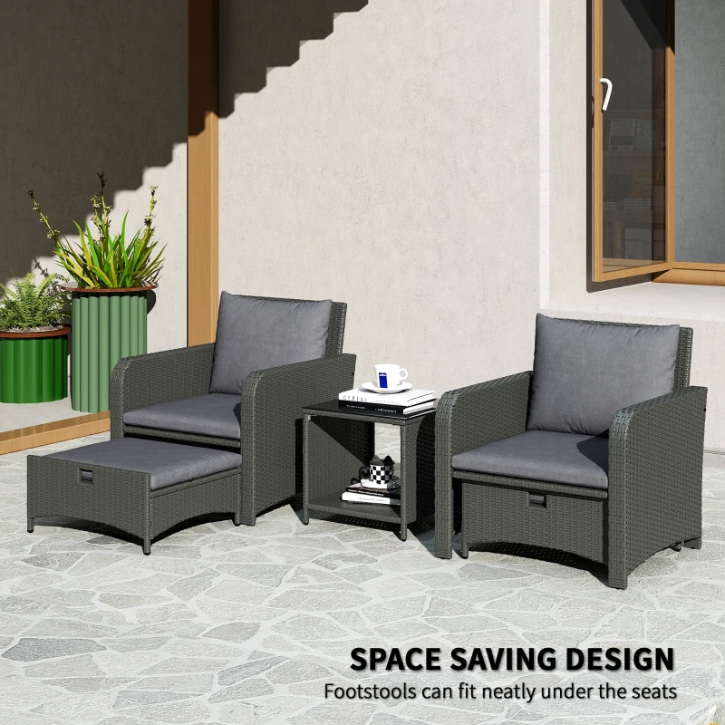 Outsunny 5 Piece Rattan Balcony Furniture Set, Wicker Outdoor Furniture Set with 2-Tier Coffee Table, Ottomans, Grey