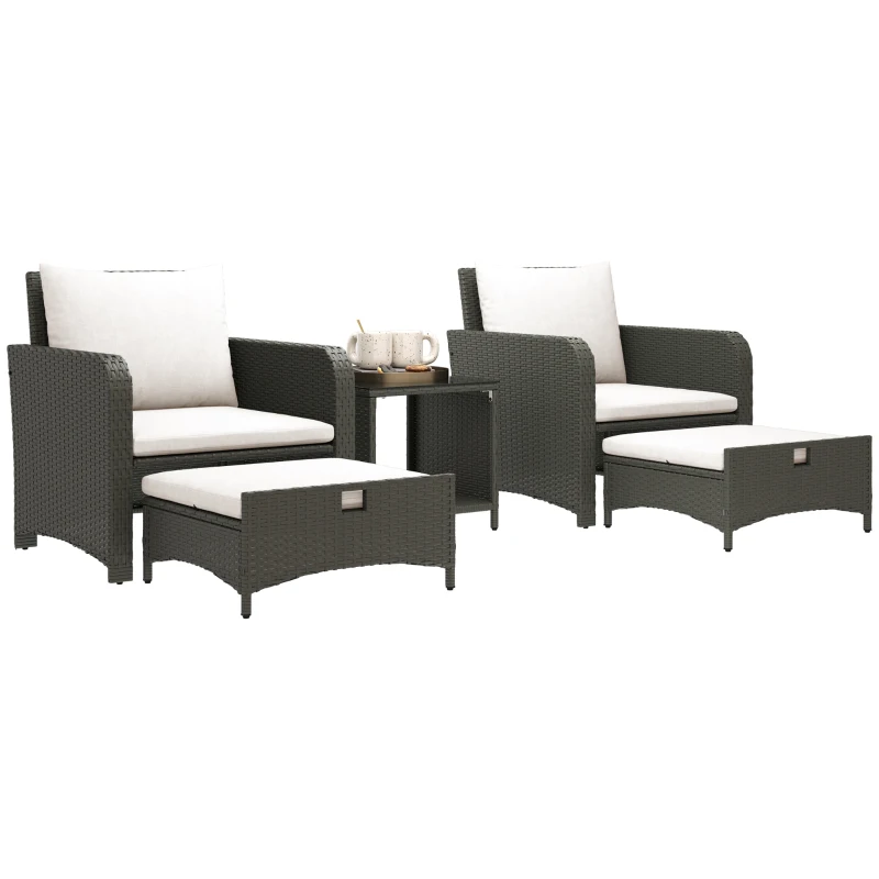 Outsunny 5 Piece Rattan Balcony Furniture Set, Wicker Outdoor Furniture Set with 2-Tier Coffee Table, Ottomans, Grey, Cream White