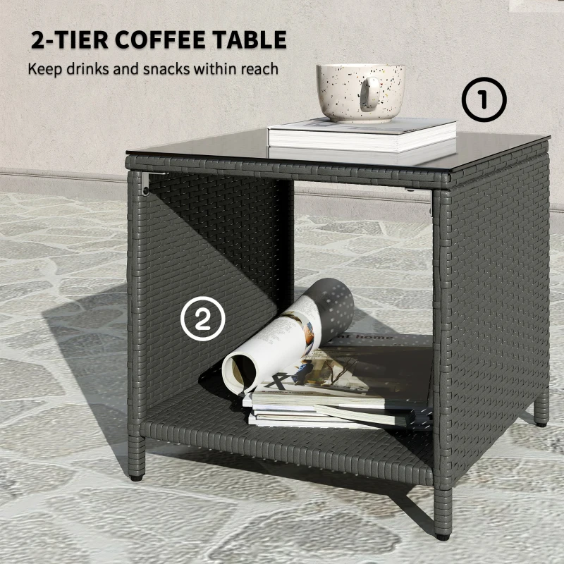 Outsunny 5 Piece Rattan Balcony Furniture Set, Wicker Outdoor Furniture Set with 2-Tier Coffee Table, Ottomans, Grey