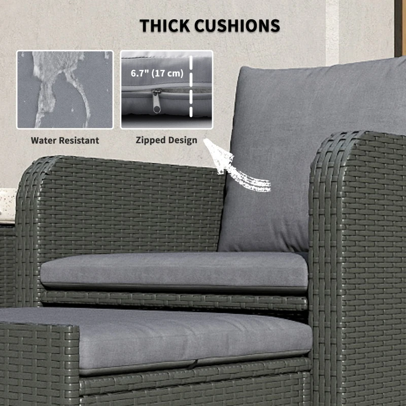 Outsunny 5 Piece Rattan Balcony Furniture Set, Wicker Outdoor Furniture Set with 2-Tier Coffee Table, Ottomans, Grey