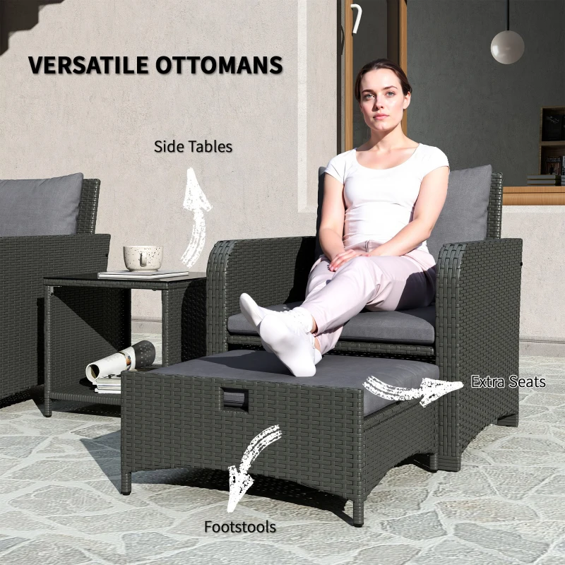 Outsunny 5 Piece Rattan Balcony Furniture Set, Wicker Outdoor Furniture Set with 2-Tier Coffee Table, Ottomans, Grey