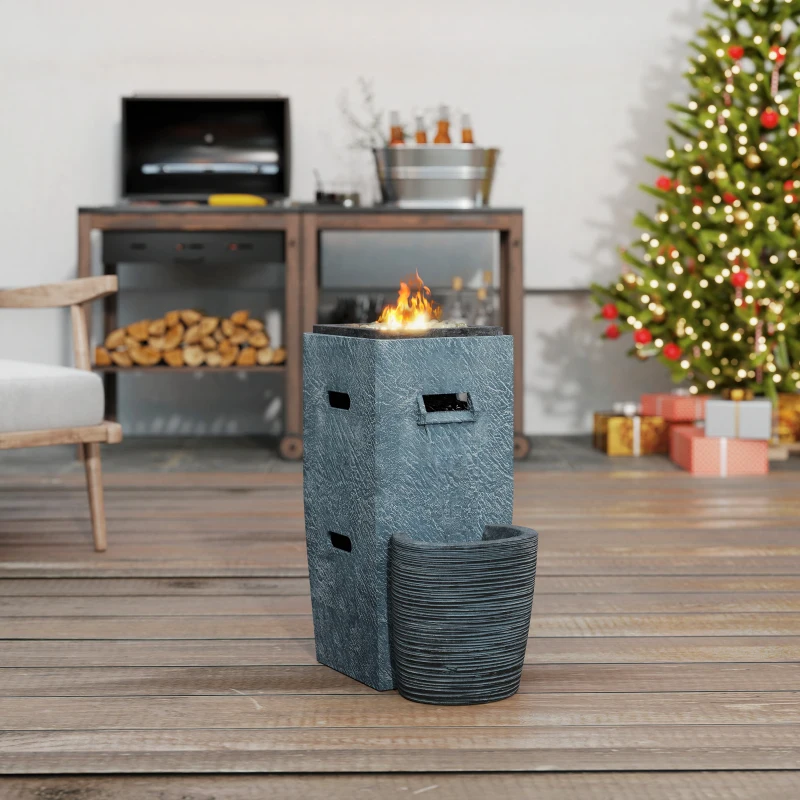 Outsunny Propane Fire Pit Table with Fountain, 15,000 BTU Outdoor Gas Fire Table with LED Light Adjustable Water Flow, Fire Fountain Water Feature with Decorative Glass Rocks, Grey