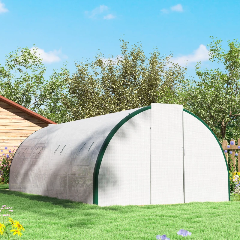 Outsunny Tunnel Greenhouse Walk-in Plant Warm House with 2 Hinged Doors, 8 Mesh Windows, 20' x 10' x 6.6', White