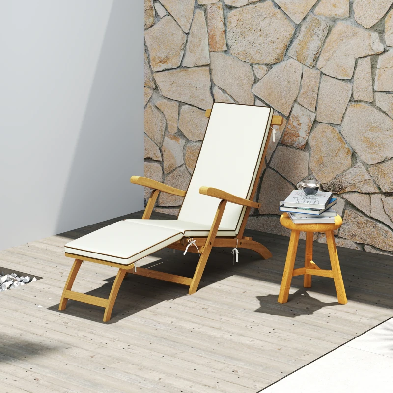 Outsunny Folding Patio Lounge Chair with Padded Cushion, Acacia Wood Patio Lounger Recliner with Footrest for Garden, White