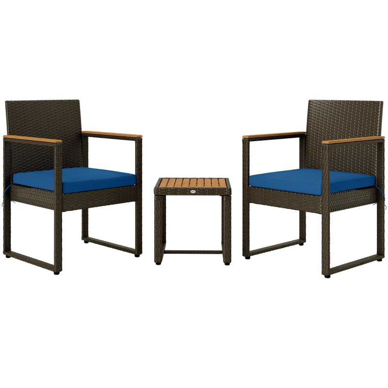 Outsunny 3 Pieces Wicker Patio Furniture Set, Rattan Bistro Set w/ Acacia Wood Table & Removable Cushions, Dark Blue