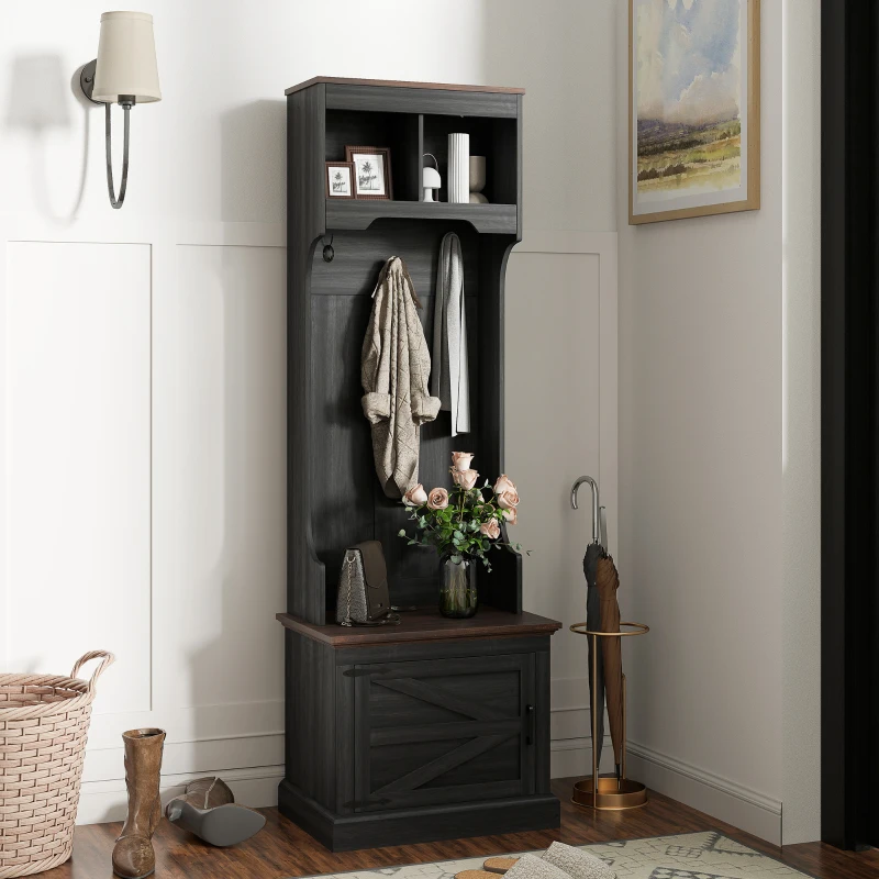 HOMCOM 3-in-1 Hall Tree with Shoe Storage, Coat Rack with Bench, Entryway Furniture with Five Hooks, Black Wood Grain