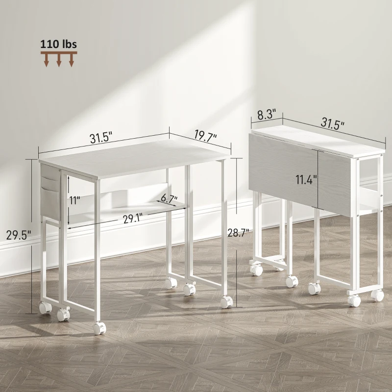 HOMCOM Folding Computer Desk, Foldable Desk with Storage Bag, Shelf and Wheels for Small Spaces, Home Office, White