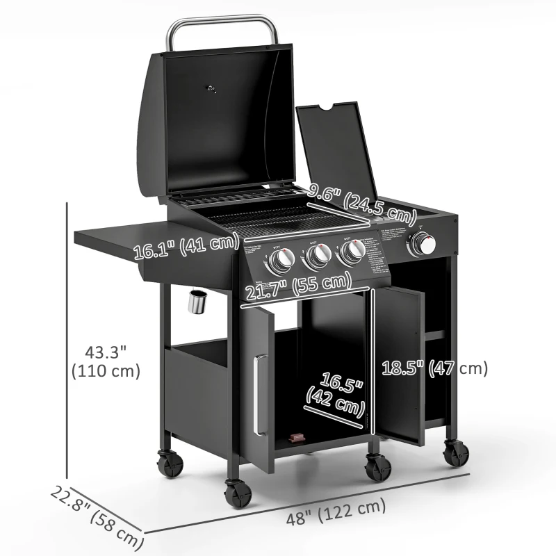 Outsunny 3 Burner Gas Grill with Side Burner, 9.5 KW Propane BBQ Grill, Cabinet Style with Shelves, Wheels, Instant Ignition