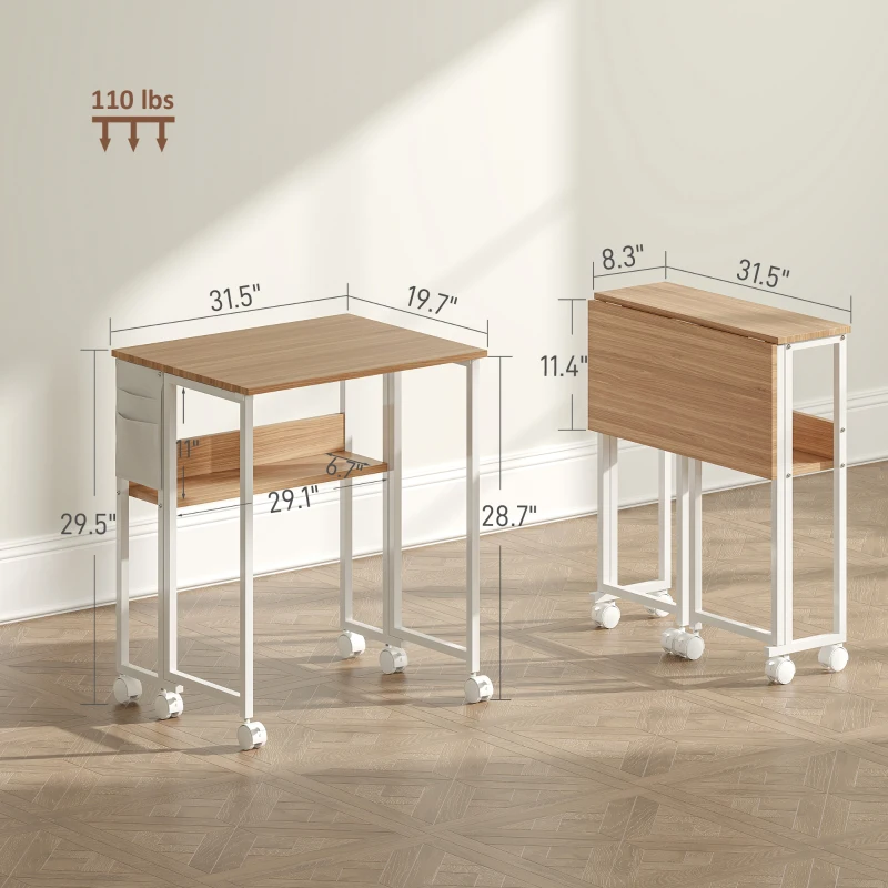 HOMCOM Folding Computer Desk, Foldable Desk with Storage Bag, Shelf and Wheels for Small Spaces, Home Office, Natural Wood