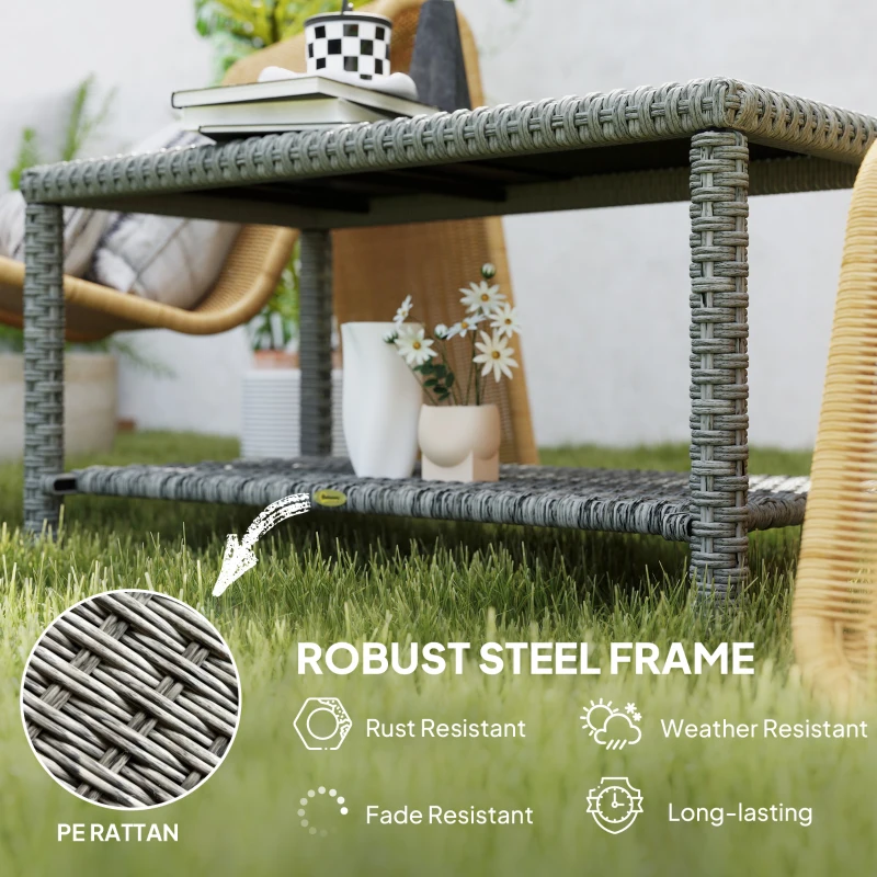 Outsunny 35" Outdoor Wicker Coffee Table with Glass Top, Storage Shelf for Garden Porch Balcony Deck, Dark Grey