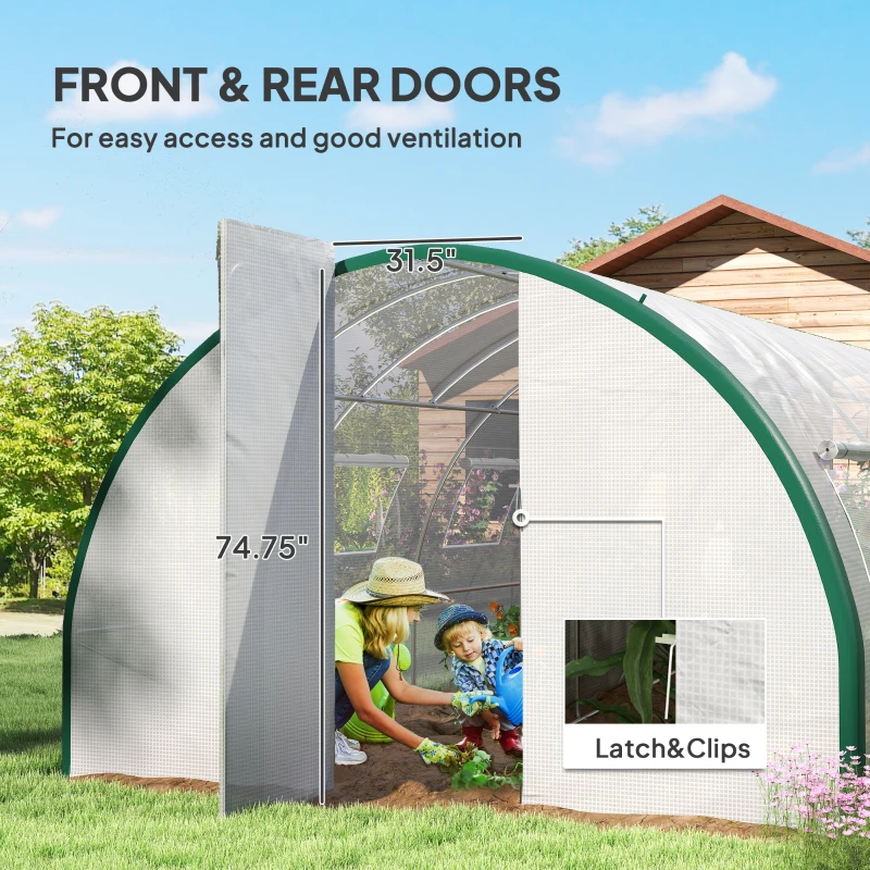 Outsunny Tunnel Greenhouse Walk-in Plant Warm House with 2 Hinged Doors, 10 Mesh Windows, 24.6' x 10' x 6.6', White