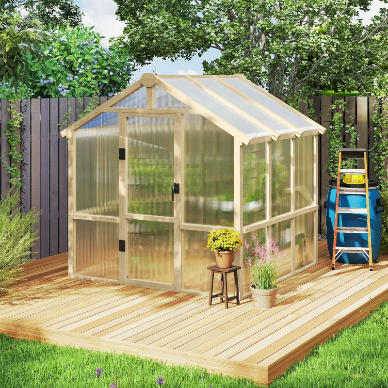 Outsunny 6.6 x 6ft Polycarbonate Greenhouse Wooden Green House with Thickened Polycarbonate Sheets, Lockable Door, Brown