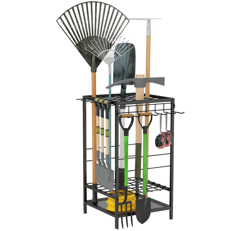 Outsunny 3-Tier Yard Tool Tower Rack, Garden Tool Organizer with 14 Hooks for Long-Handled Rakes, Shovel, Broom, Black