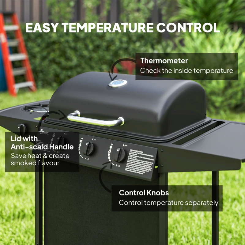 Outsunny 3+1 Burner Propane Gas BBQ Grill, Portable Gas Barbecue Grill with Side Burner, Thermometer, Lid, Side Table, Shelf, Spice Rack, Wheels, Grease Cup for Garden, Black