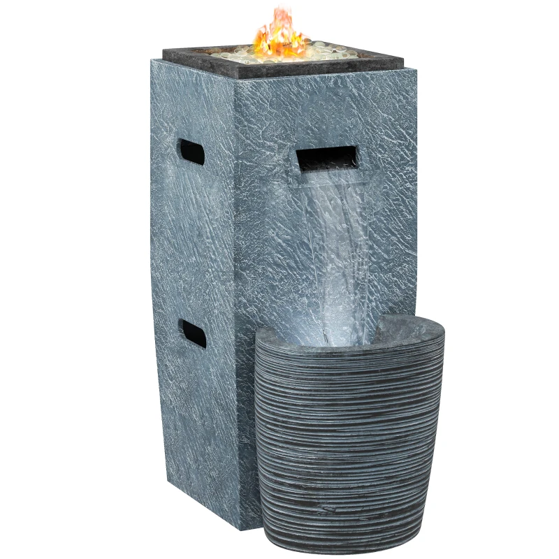 Outsunny Propane Fire Pit Table with Fountain, 15,000 BTU Outdoor Gas Fire Table with LED Light Adjustable Water Flow, Fire Fountain Water Feature with Decorative Glass Rocks, Grey
